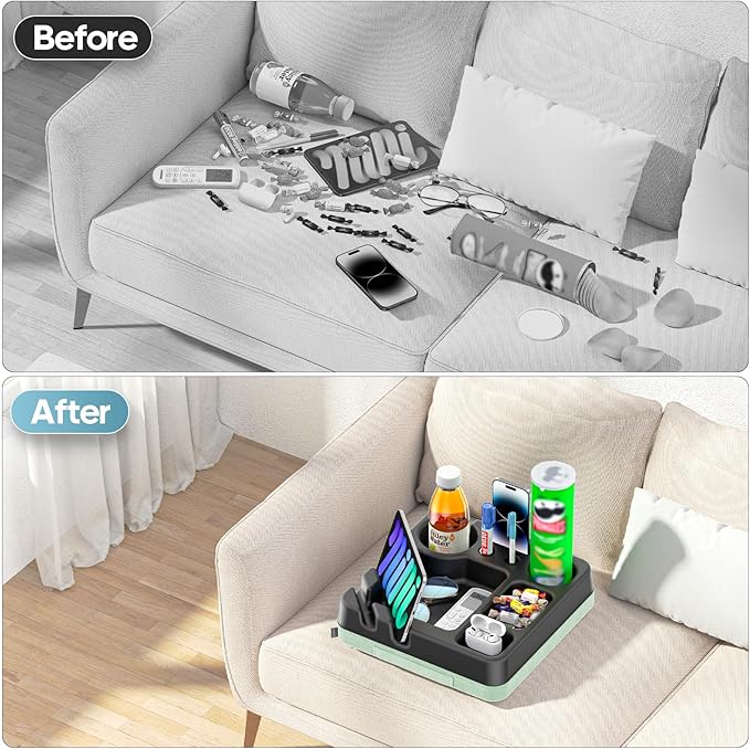 Couch Cup Holder Tray Couch Cup Holder Pillow Bed Tray Snack Sofa Bed Caddy Organizer Beach Sofa Drink Holder Anti-Spill Portable Snack Caddy Couch Remote Holder for Phone Pad Kindle Beverage Green-NeatNest