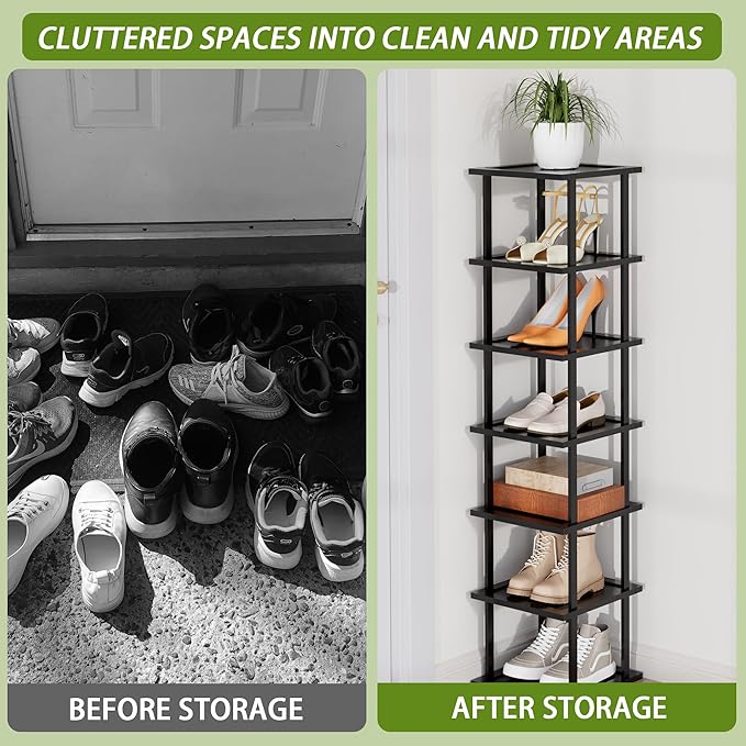 Vertical Tall Shoe Rack Organizer for Entryway -7 Tier Free Standing Slim Narrow Bamboo Wood Corner Stackable Shoe Boots Storage Stand Small Spaces for Closet Garage Cloakroom Living Room (Black)-NeatNest