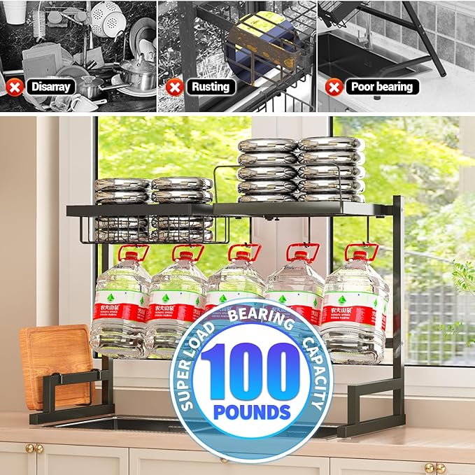 ADBIU 【Fit Sink 24"- 35.6" L】 2024 Over The Sink Drying Rack (Expandable Dimension) Snap-On Design 2 Tier Large Dish Rack Kitchen Count Organization and Storage
