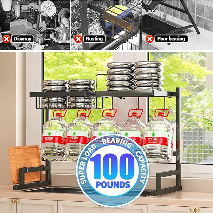 Over Sink Dish Drying Rack (Expandable Height/Length) Snap-On Design Large Dish Draine Storage Counter Organizer (24" - 35.5" L x 12" W x 19" - 22" H)
