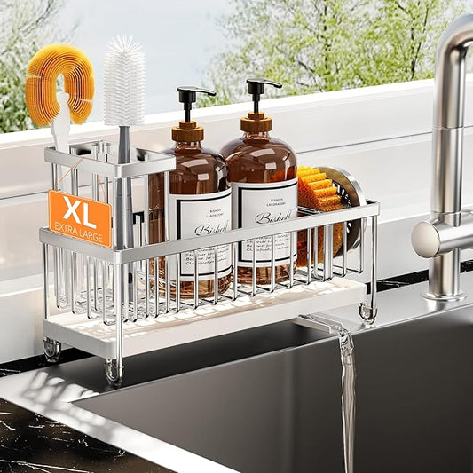 Cisily Extra Large Silver Sponge Holder for Kitchen Sink, Sink Caddy Organizer with High Brush Holder, Kitchen Countertop Organizers and Storage Essentials, Rustproof 304 Stainless Steel-NeatNest