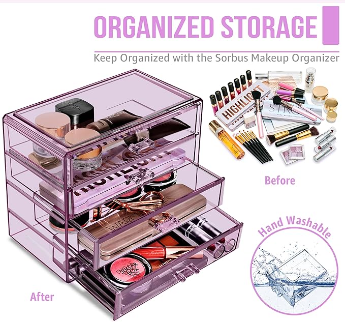 Sorbus Makeup Organizer - 4 Drawer Acrylic Make Up Organizers and Storage for Cosmetics, Jewelry, Beauty Supplies, Clear Makeup Organizer for Vanity, Girl's Room, College Dorm, Counter, Bathroom Sink
