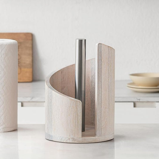 Anji Mountain Paper Towel Holder Countertop with Mango Wood Round Base and Iron Holder,Holder Stand for Kitchen Roll Organize,Wooden Paper Towel Holder for Kitchen Dining Table Home Decor