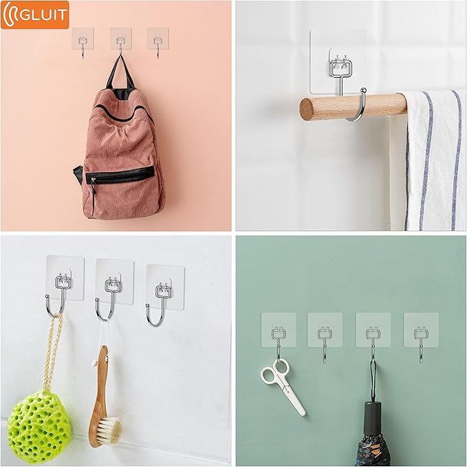 GLUIT Adhesive Large Wall Hooks for Hanging Heavy Duty 22 lbs Hook for Walls No Damage (12 Large Hooks)