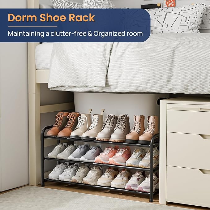 ENJOYBASICS Expandable Shoe Rack, 3 Tier Adjustable Shoe Organizer Shelf for Closet, Black Metal Free Standing Shoe Rack Storage for Small Space, Entryway-NeatNest