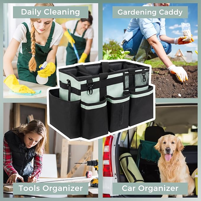 Wearable Cleaning Caddy, Cleaning Caddy Supplies Organizer with Handle & Shoulder Straps for Housekeepers, Under Sink & Car Cleaning Tool Organizers Bag with 4 Foldable Divider (Celadon)