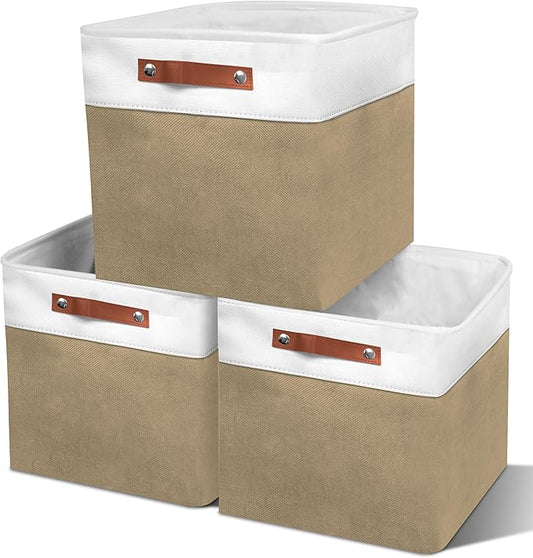 13in Open Fabric Storage Basket with Leather Handles for Organizing, Collapsible Linen Closet Bins for Shelves, Closets, Laundry, Decorative Basket for Gifts. (White＆Khaki, 3PCS/13x13in)-NeatNest