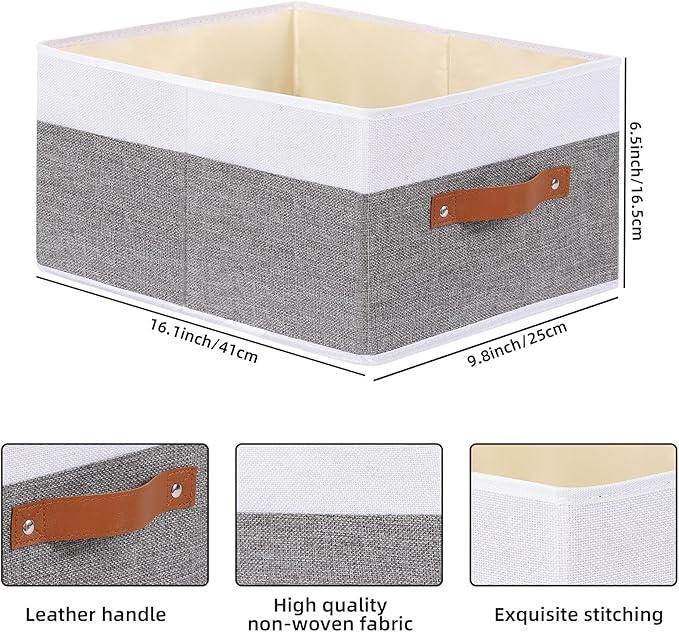 Foldable Storage Bins, 16.1 × 9.8 × 6.5 inch Closet Bin with Handles, Fabric Clothes Boxes for Drawers, Baskets for Organizing Shelves, 6 Pack, White and Grey-NeatNest
