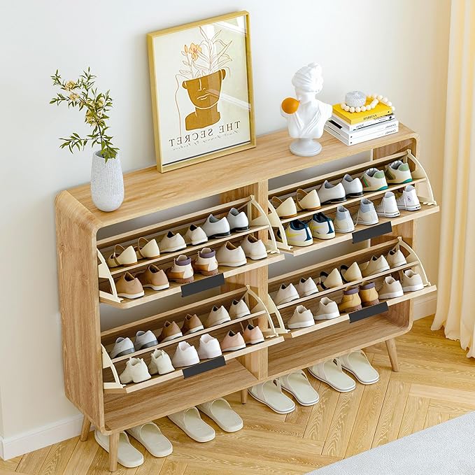 47" Fluted Large Shoe Cabinet with 4 Flip Drawers, Slim Freestanding Shoe Cabinet Organizer, Narrow Shoes Storage Rack for Entryway (Natural, 9.45" D x 47.24" W x 35.83" H)