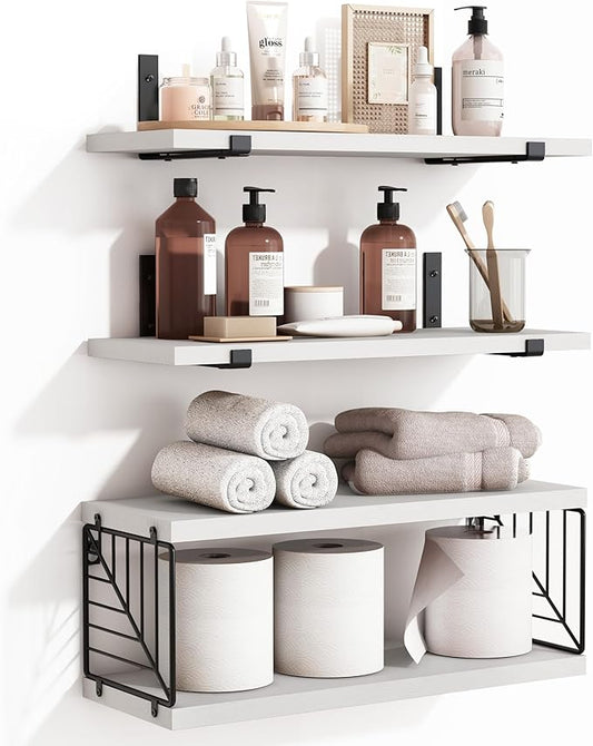 Fixwal 3+1 Tier Bathroom Floating Shelves Over Toilet, 15.8in Farmhouse Rustic Wood Shelves, Wall Decor for Bathroom, Living Room,Bedroom and Kitchen (White)-NeatNest