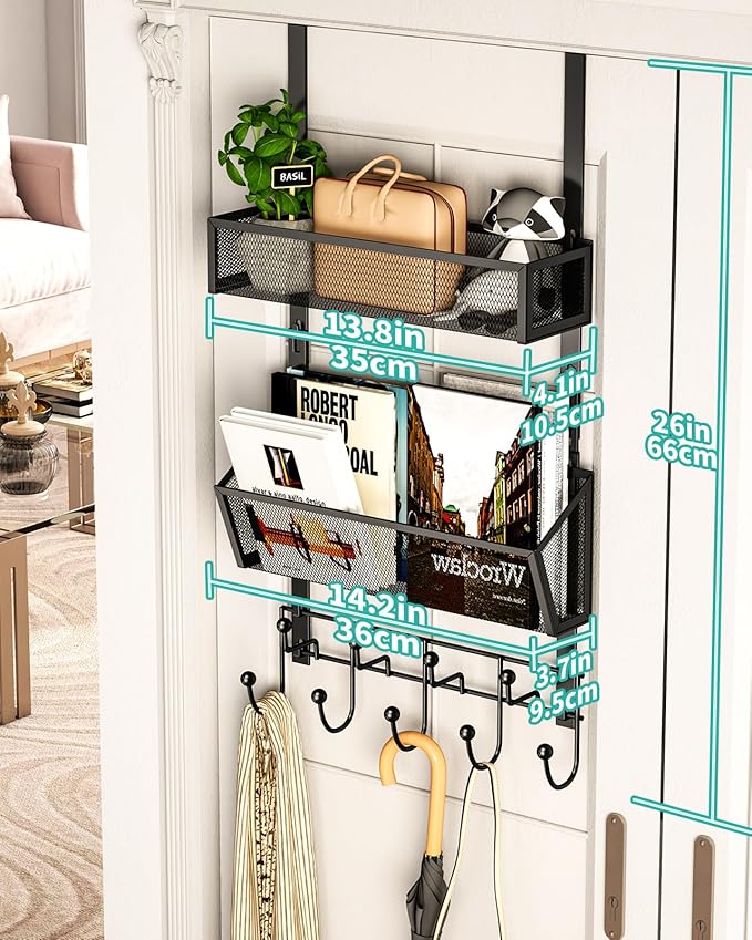 HapiRm Over The Door Hooks with 9 Hooks and 2 Baskets, Rustproof & Waterproof 304 Stainless Steel Door Hanger, Storage Organizer for Bathroom, Kitchen, Bedroom-Black (for 1.57in Doors)
