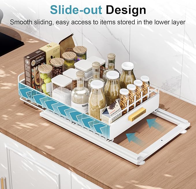 Under Sink Organizer, Kitchen Pull Out Cabinet Organizer, Mute Slide Out Metal Under Sink Organizers and Storage Shelves for Kitchen Bathroom Laundry Cabinet Pantry, White-NeatNest