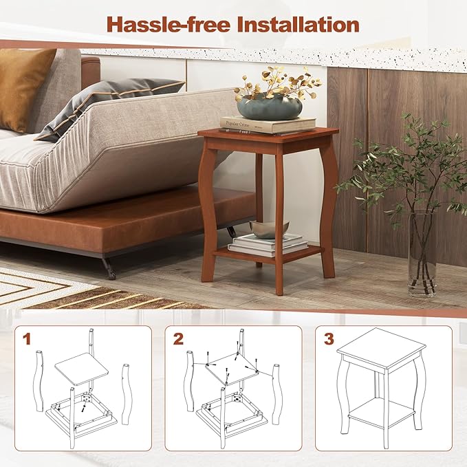 GOFLAME 2-Tier Square End Table Set of 2, Mid-Century Modern Sofa Side Table with Storage Shelf, Solid Wood Legs, Compact Accent Table, Nightstand for Living Room, Bedroom, Small Space, Walnut