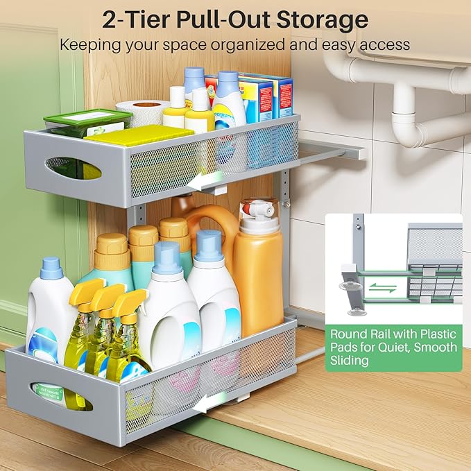 Under Sink Organizer, 2 Pack 2 Tier Pull out Cabinet Organizer Baskets with Mesh Sliding Drawers, Slide out Sink Storage Shelves for Home, Kitchen, Bathroom, Pantry, Office Organizers and Storag,Grey-NeatNest