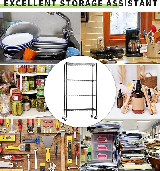 4 Tier Wire Shelving Unit 62" H x 36L x 14D Heavy Duty Metal Shelf 1400Lb Capacity Storage Shelves w/Wheels Adjustable Kitchen Storage Racks Wire Shelves for Pantry Garage, Black