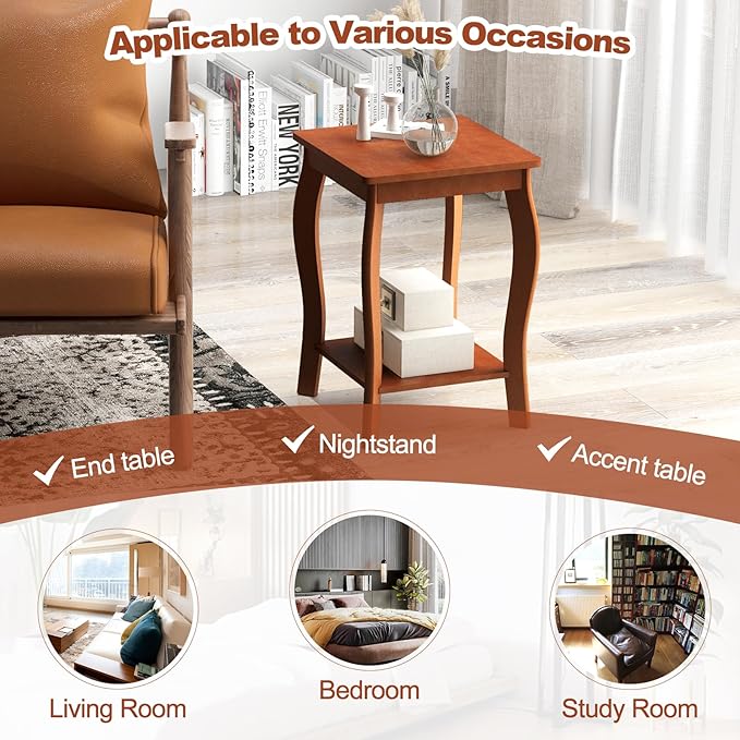 GOFLAME 2-Tier Square End Table Set of 2, Mid-Century Modern Sofa Side Table with Storage Shelf, Solid Wood Legs, Compact Accent Table, Nightstand for Living Room, Bedroom, Small Space, Walnut