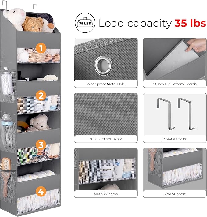 GRANNY SAYS Over The Door Organizer, 4-Shelf Behind The Door Storage with 6 Pockets and Clear Window, Anti Tilt Large Capacity Hanging Organizer Shelves for Baby Room, Nursery, Bathroom, Gray, 1 Pack-NeatNest