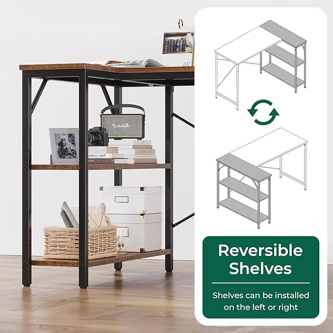 Huuger L Shaped Desk, 39 Inches Computer Desk with Reversible Storage Shelves, Gaming Desk, Corner Home Office Desks, Writing Study Desk with Metal Frame, Rustic Brown-NeatNest