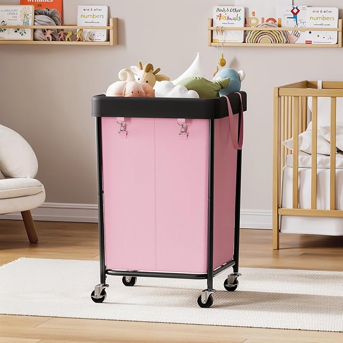 Chrislley 160L Laundry Hamper with Wheels, 2 Section Large Laundry Basket with Removable Bag, Steel Frame Dirty Clothes Hamper, Rolling Laundry Cart for Bedroom, Bathroom, Dorm, Hotel, Pink