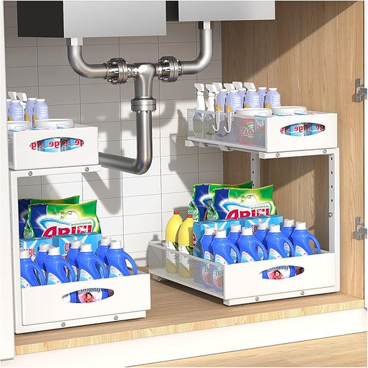 2 Pack Large Under Sink Organizer, 2 Tier Metal Pull Out Under Sink Storage with Sliding Mesh Drawers, Height Adjustable Slide Out Under Cabinet Organizer for Kitchen Bathroom, White-NeatNest