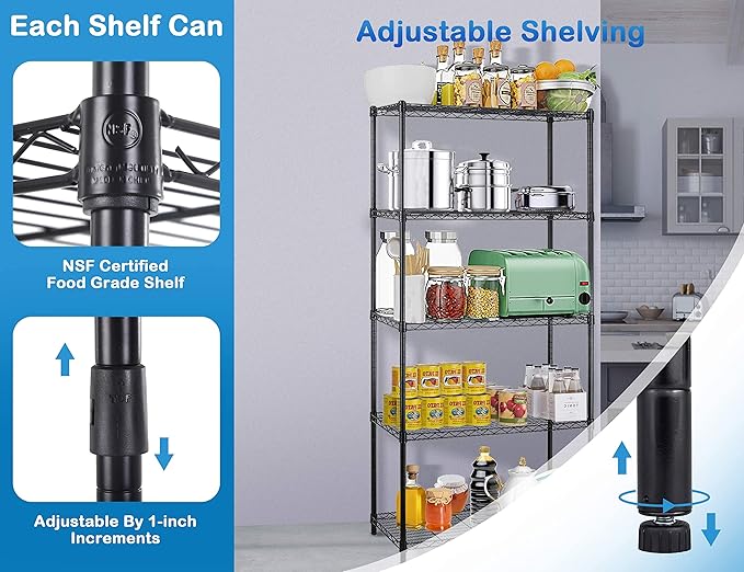 5-Tier Metal Wire Shelving Unit Snack Shelf Height Adjustable Storage Rack NSF Certified Storage Shelves 1250 Lbs Capacity Standing Utility Shelf for Laundry Kitchen Pantry Garage Organization