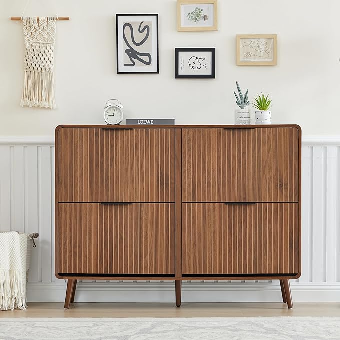 47" Fluted Large Shoe Cabinet with 4 Flip Drawers, Slim Freestanding Shoe Cabinet Organizer, Narrow Shoes Storage Rack for Entryway, 5 Sturdy Legs (Walnut, 9.45" D x 47.24" W x 35.83" H)