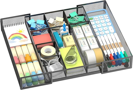 Expandable Desk Drawer Organizer, 10 Adjustable Compartments Mesh Tray with 5 Dividers, Versatile Storage for Office Supplies Makeup Vanity & Jewelry (Black)-NeatNest