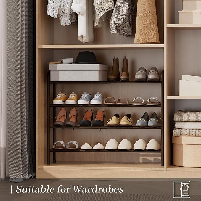 Expandable Shoe Rack, Adjustable Shoes Organizer Metal, Space-Saving Storage Shelf for Closet, Entryway, Front Door & Hallway,Sturdy and Easy Assembly (Brown, 4-Tier)