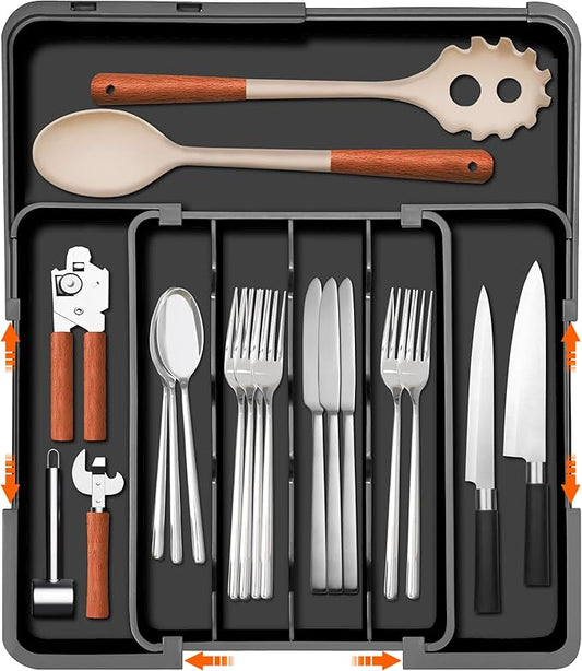 Homecor Silverware Organizer Expandable Kitchen Drawer Organizer with 7 Slots, BPA Free Cutlery Utensil Drawer Organizer, Kitchen Utensil Storage Tray for Forks Knives Spoons, Anti-Slip, Black-NeatNest
