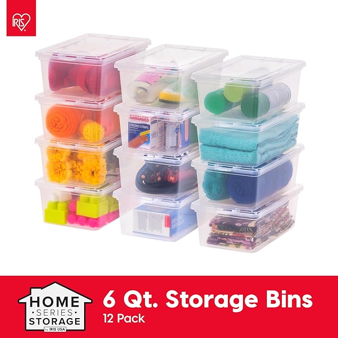 IRIS USA 7 Quarts Plastic Storage Container Bin with Latching Lid, 12 Pack, Nestable Box Tote Closet Game Organization Teacher Tools Art Supplies Shoe Shoebox Stackable