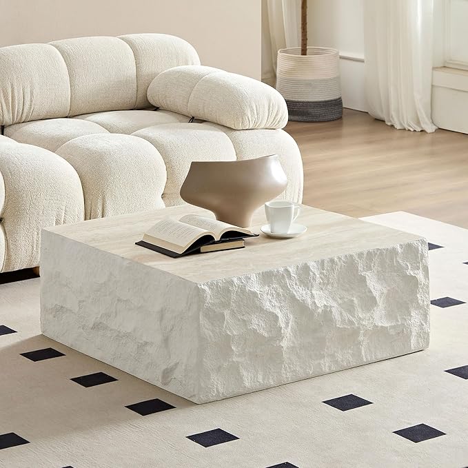 kevinplus ø35.43'' Square Coffee Table for Living Room, Modern Drum Circle Stone Coffee Table, Fiberglass Material, No Assembly, Beige
