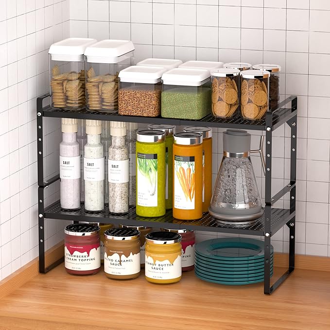 iPEGTOP Large Expandable Cabinet Storage Shelf Organizer Rack, Heavy Duty Stackable Steel Metal Spice Rack Adjustable Height Office Pantry Garage Shelves for Counter Kitchen, Black - 1 Pack-NeatNest