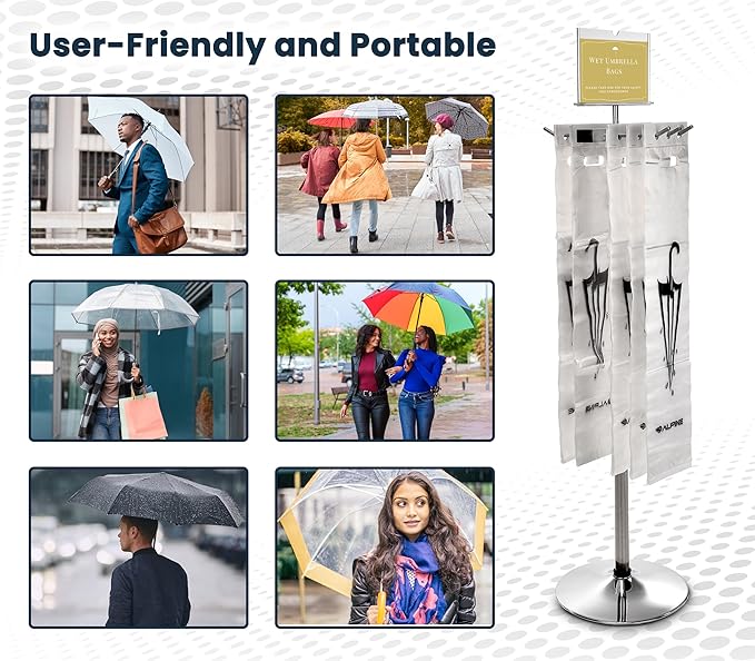 Alpine Wet Umbrella Bag Stand - Umbrella Bags Disposable with Stand, Wet Umbrella Bag Holder, Commercial Umbrella Holder with Free 100 Large Plastic Umbrella Bags Disposable (Stainless Steel)