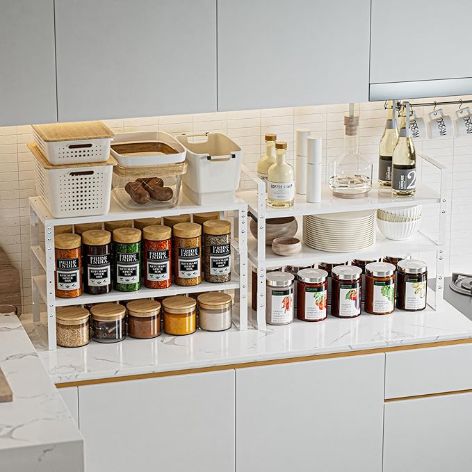 Expandable,Stackable Spice Rack,Seasoning Organizer and Storage,Spices Jar Racks for Cabinet,Countertop, Metal Pantry, Cupboard,Laundry Storages,Heavy Duty(2 PACKS/LARGE/WHITE)-NeatNest