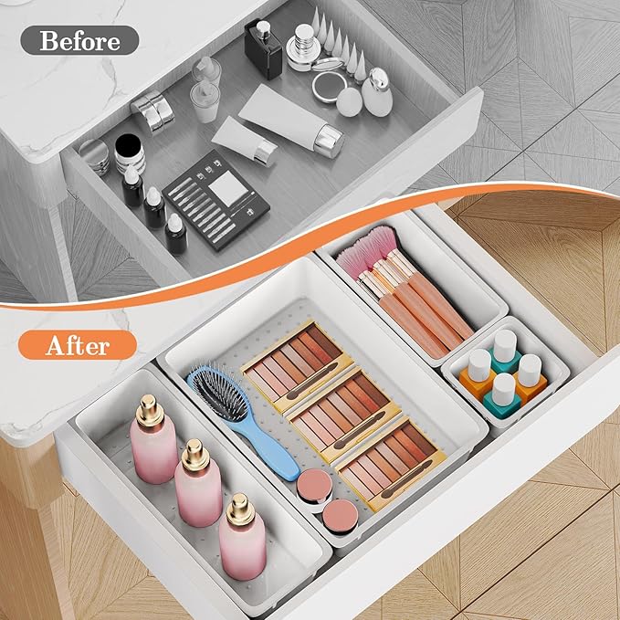 25 PCS Plastic Drawer Organizer Set, 4-Size Versatile Organizer Trays & storage Bins for Makeup, Jewelry, and Gadgets in Bathroom, Bedroom and Office, White-NeatNest