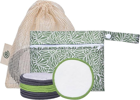 Greenzla Reusable Makeup Remover Pads Travel Set - 12 Pack Microfiber Cotton Pads, Dark Charcoal Cotton Rounds, and Bamboo Terry Face Wipes for All Skin Types with Mesh Laundry Bag and Travel Pouch-NeatNest