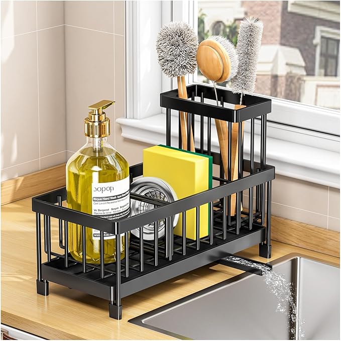 Black Sponge Holder for Kitchen Sink, Sink Caddy with Brush Holder Self-draining Sponge, Sturdy Rustproof Stainless Steel Kitchen Countertop Organizer for Soap Dispenser-NeatNest