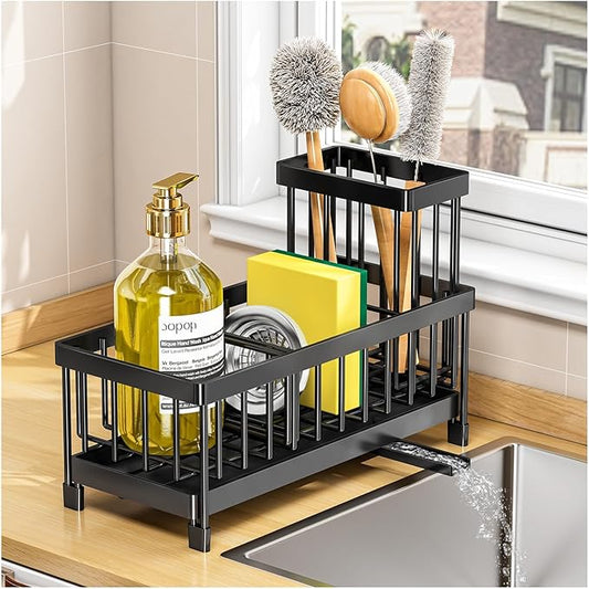 Black Sponge Holder for Kitchen Sink, Sink Caddy with Brush Holder Self-draining Sponge, Sturdy Rustproof Stainless Steel Kitchen Countertop Organizer for Soap Dispenser-NeatNest