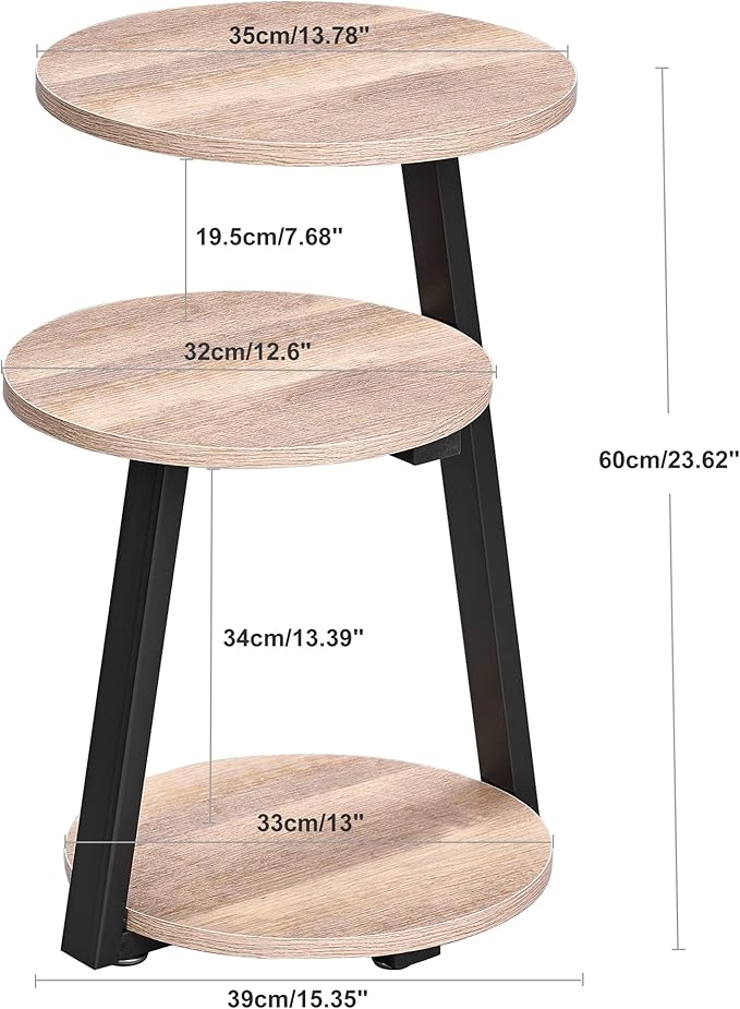 BEWISHOME Round End Table Side Table with Metal Frame, Accent Table Nightstand Bedside Table with 3-Tier Shelves, Small Couch Coffee Table for Living Room Bedroom Greige KTZ41G-NeatNest