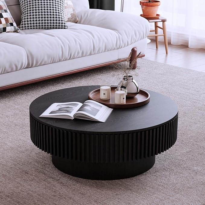 31.5'' Black Round Coffee Table with Storage Living Room Modern Circle Coffee Table with Pedestal Center Tables Fluted Accent Tea Tables for Apartment