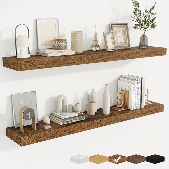 fuqing Floating Shelves for Wall, Bathroom Shelf Wall Mounted for Storage, Shelves with Invisible Bracket for Bedroom, Kitchen, Living Room, Farmhouse Small Book Shelf, 48 Inch Set of 2, Rustic Brown-NeatNest