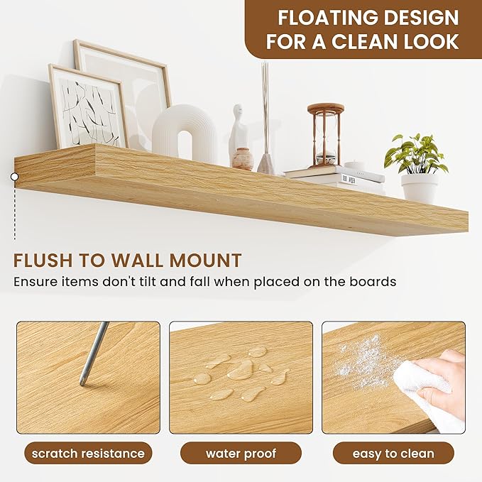 fuqing Floating Shelves for Wall, Bathroom Shelf Wall Mounted for Storage, Shelves with Invisible Bracket for Bedroom, Kitchen, Living Room, Farmhouse Small Book Shelf, 48 Inch Set of 2, Oak-NeatNest