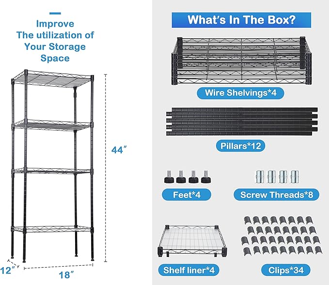 4-Tier Metal Wire Shelving Unit Kitchen Shelf Organizer Height Adjustable Storage Rack Utility Snack Shelf, NSF Certified Storage Shelves for Laundry Bathroom Kitchen Pantry Organization-NeatNest