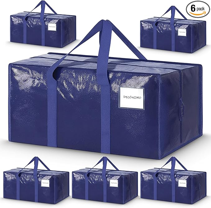 Extra Heavy Duty Large Moving Bags with Strong Zipper & Comfortable Handles - Sturdy & Durable Clothes Storage Bags Totes Bins - Large Storage Totes for Dorm, Space Saving 6 Packs (Dark Blue)