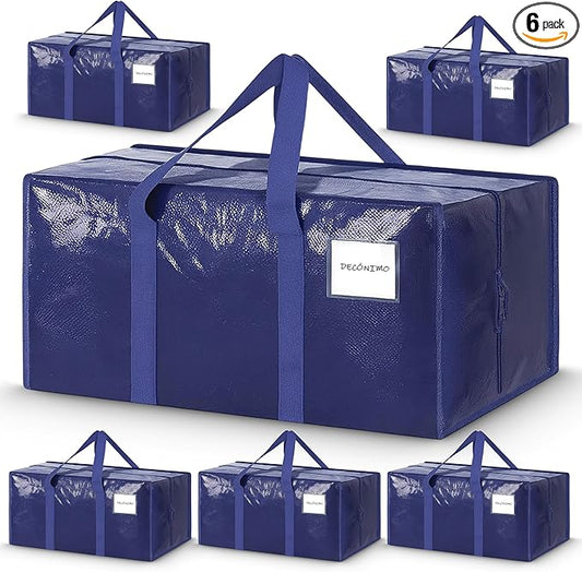 Extra Heavy Duty Large Moving Bags with Strong Zipper & Comfortable Handles - Sturdy & Durable Clothes Storage Bags Totes Bins - Large Storage Totes for Dorm, Space Saving 6 Packs (Dark Blue)
