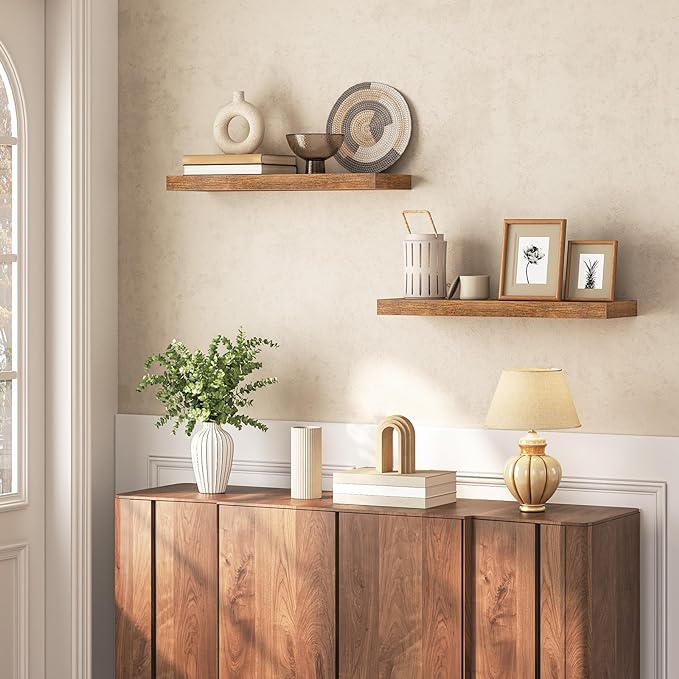 HOOBRO Floating Shelves for Wall, Wall Mounted Shelf Set of 2, 23.6" Hanging Shelf with Invisible Brackets, for Wall in Bathroom, Bedroom, Toilet, Kitchen, Living Room, Office, Rustic Brown BF60BJ01-NeatNest