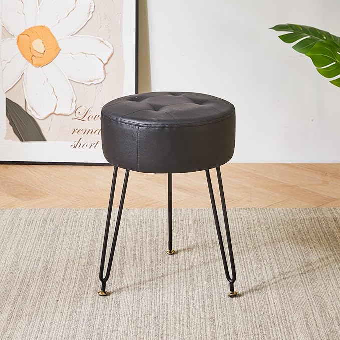 IBUYKE Faux Leather Round Footrest Stool, Makeup Vanity Stool Side Table, PU Dressing Table Seat, Pouf Couch Stool, Golden Steel Legs, Black LG-31B