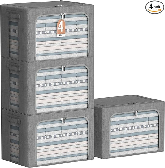 4 Pack Clothes Storage Bins with Metal Frame - Linen Fabric Foldable Stackable Container Organizer Set with Clear Window & Carry Handles & Zippers (Dark Gray, 19.7"x15.7"x13")-NeatNest