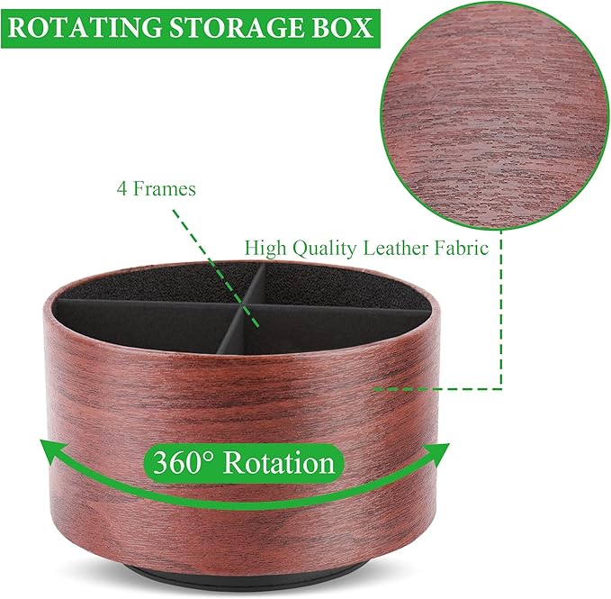 Hennaja Round Leather Art Supply Organizer,Remote Control Holder,360 Degree Spinning,Multi-Functional Pencil Holder,4 Compartments Desktop Stationary Organizer(1-Light Brown2)-NeatNest
