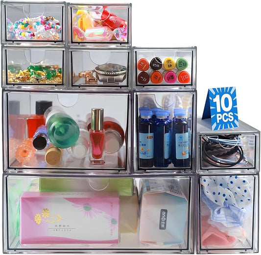 10 Pack Acrylic Makeup Organizer Clear Stackable Desk Organizers Dustproof Drawer for Make Up,Jewelry,Pen, Stationary-NeatNest